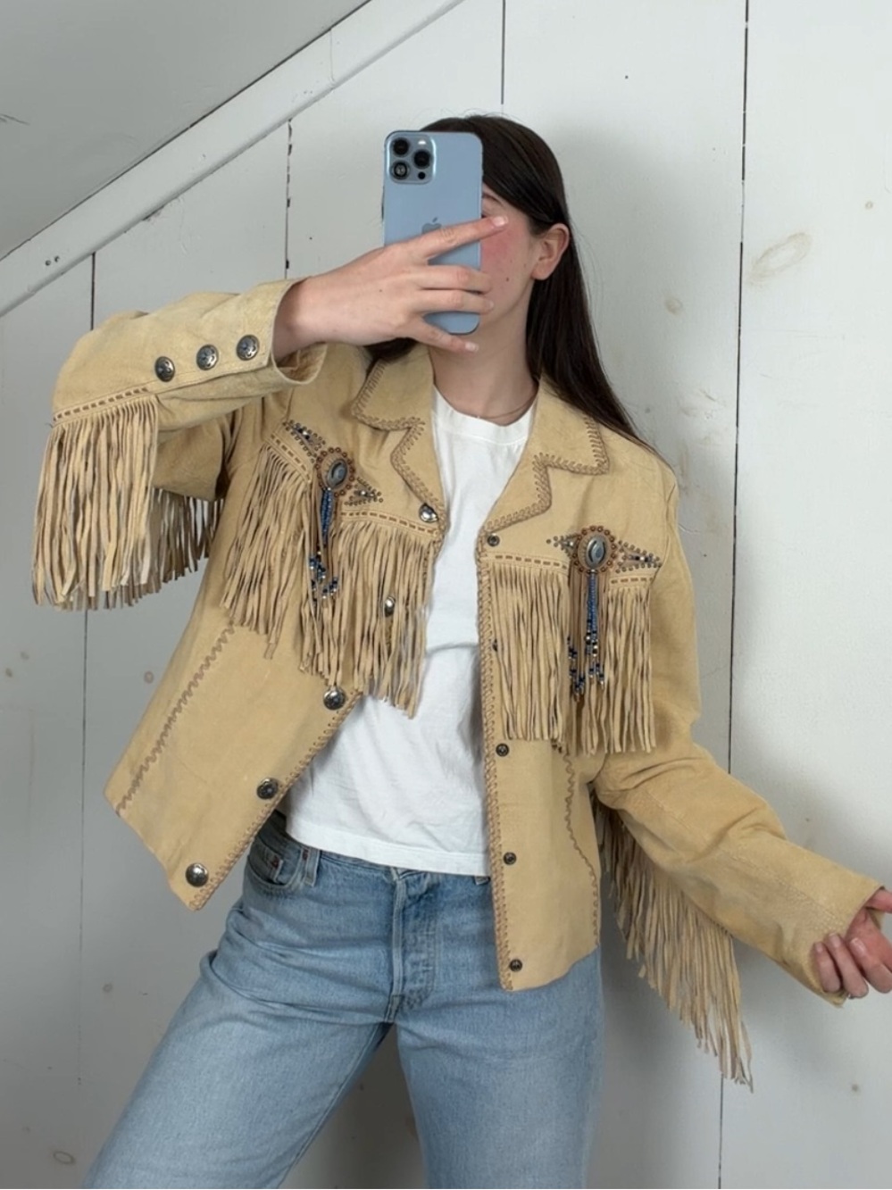 Cripple Creek Tan Suede Leather Fringe Western Jacket Womens L Beaded Medallions